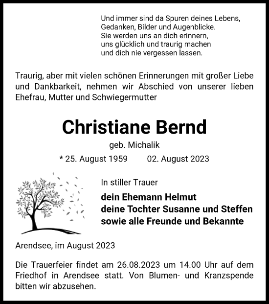 Traueranzeige von Christiane Bernd von UEL