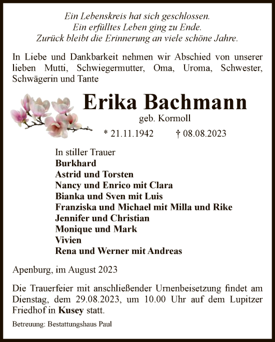 Traueranzeige von Erika Bachmann von UEL