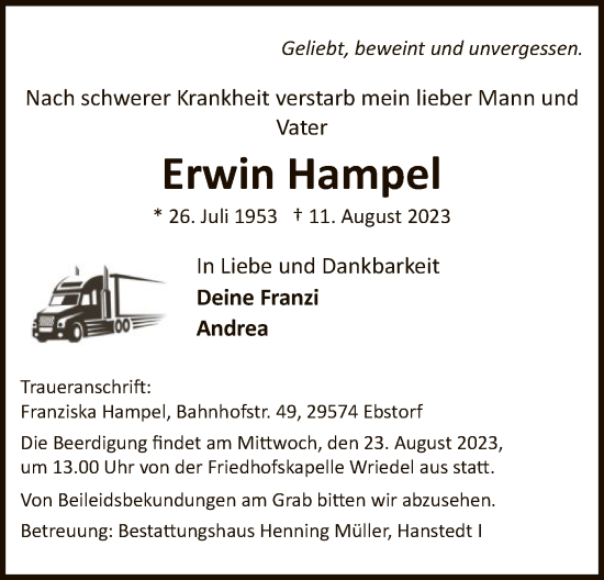 Traueranzeige von Erwin Hampel von UEL