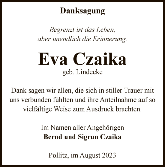 Traueranzeige von Eva Czaika von UEL