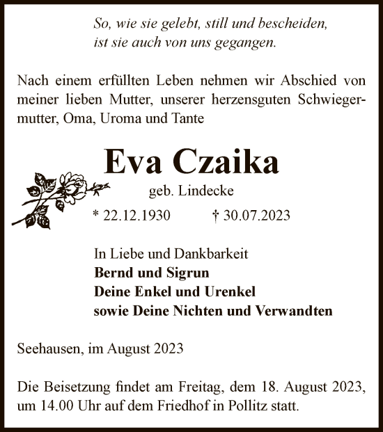 Traueranzeige von Eva Czaika von UEL