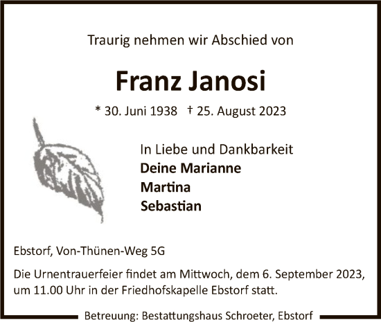 Traueranzeige von Franz Janosi von UEL