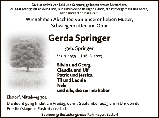 Traueranzeige von Gerda Springer von UEL