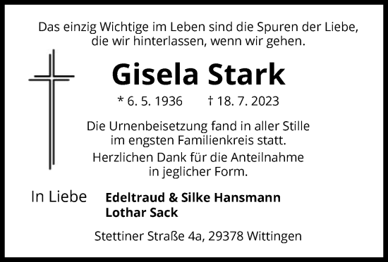 Traueranzeige von Gisela Stark von UEL