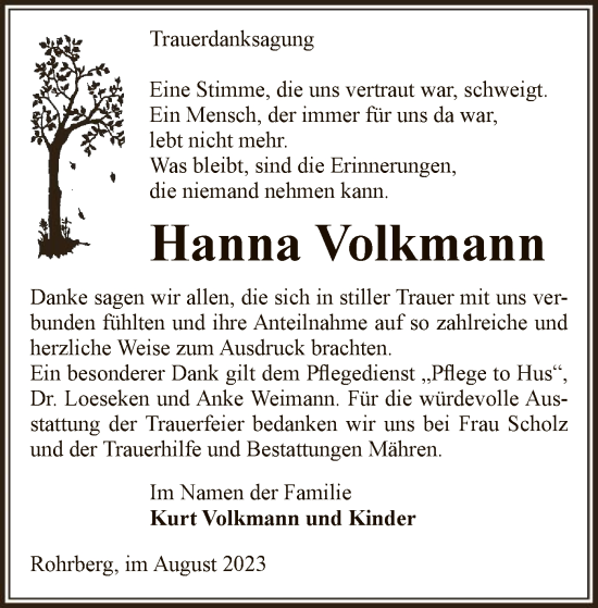 Traueranzeige von Hanna Volkmann von UEL