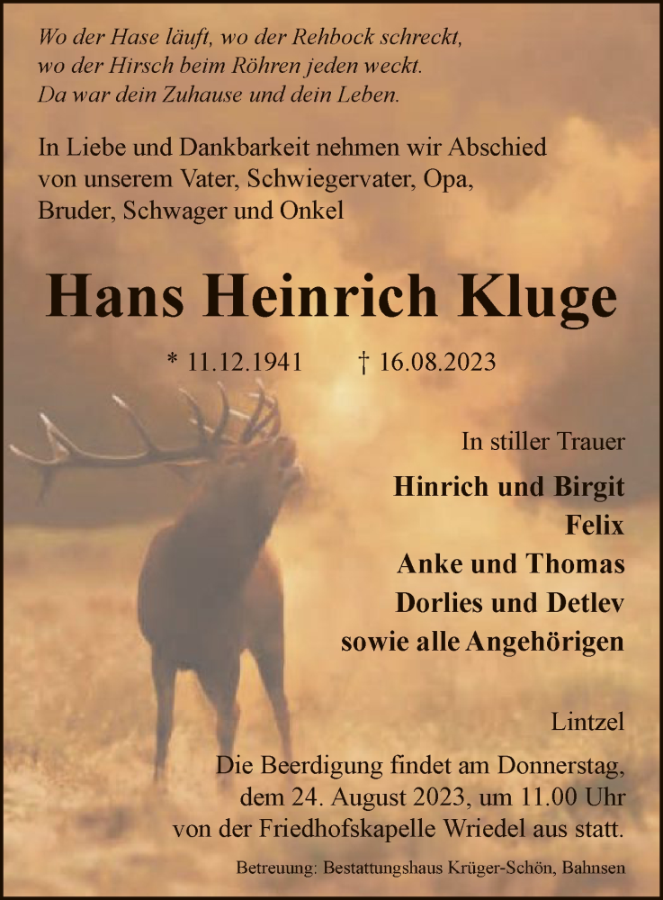  Traueranzeige für Hans Heinrich Kluge vom 19.08.2023 aus UEL