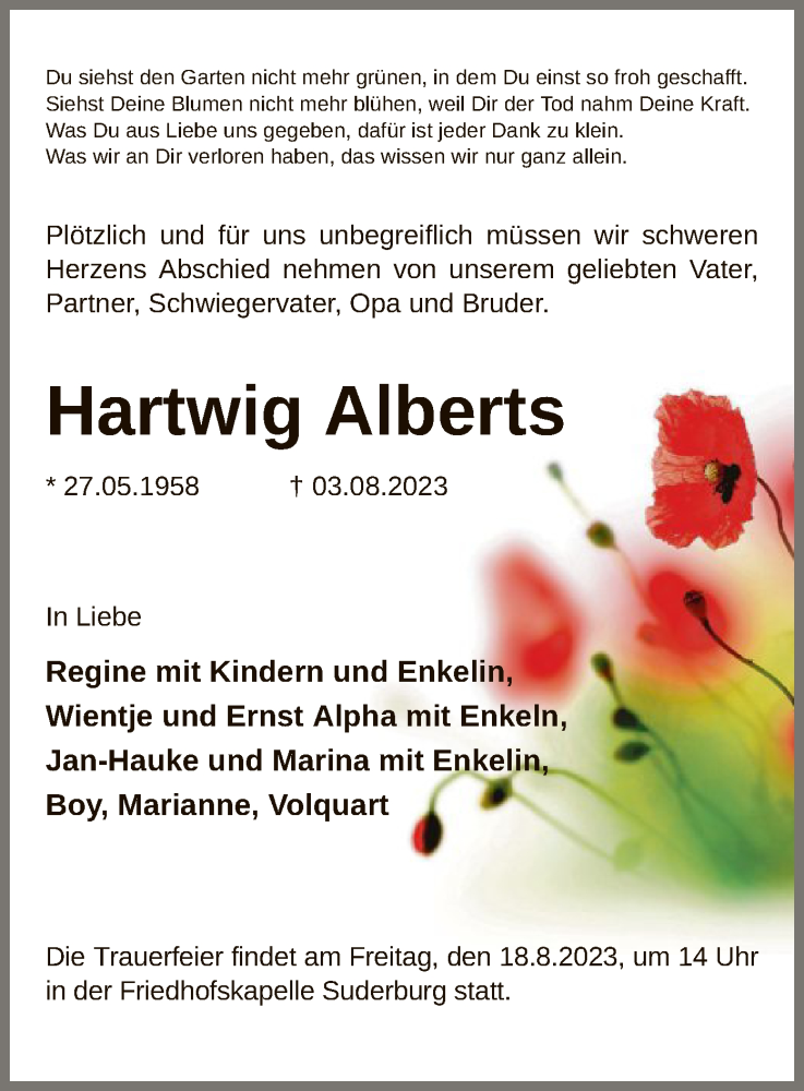  Traueranzeige für Hartwig Alberts vom 15.08.2023 aus UEL
