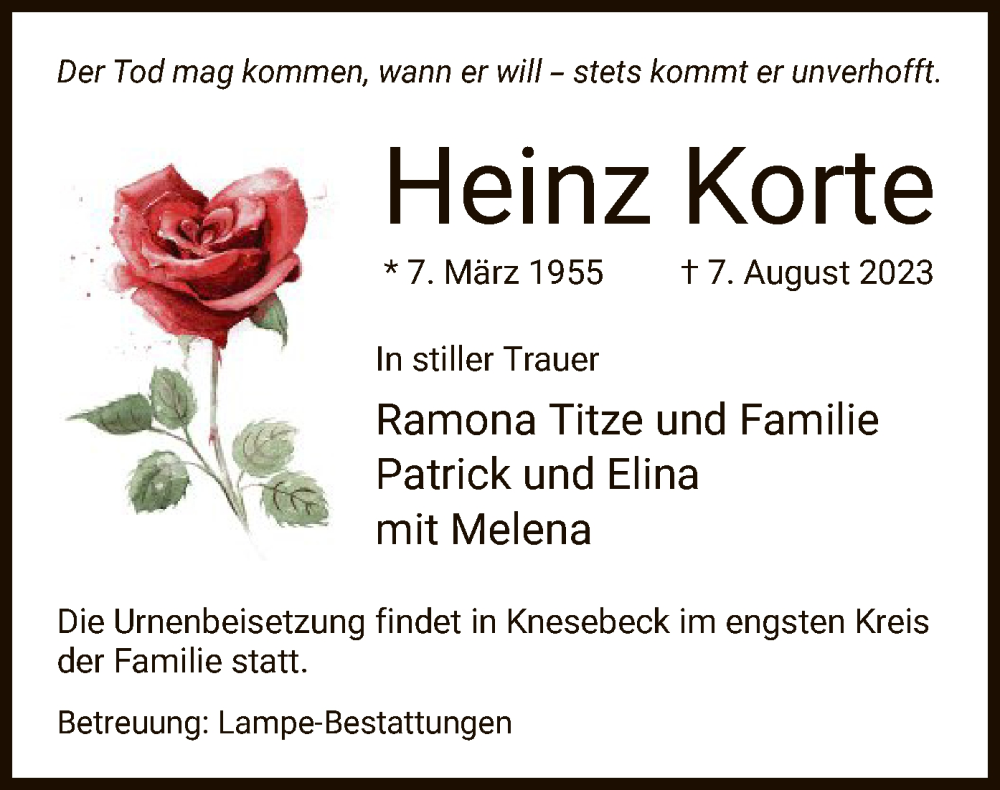  Traueranzeige für Heinz Korte vom 09.08.2023 aus UEL