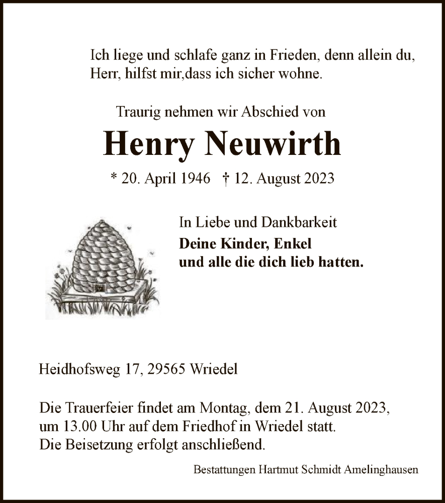  Traueranzeige für Henry Neuwirth vom 16.08.2023 aus UEL