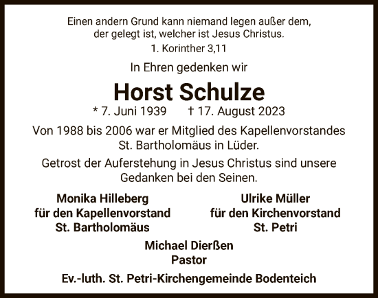 Traueranzeige von Horst Schulze von UEL