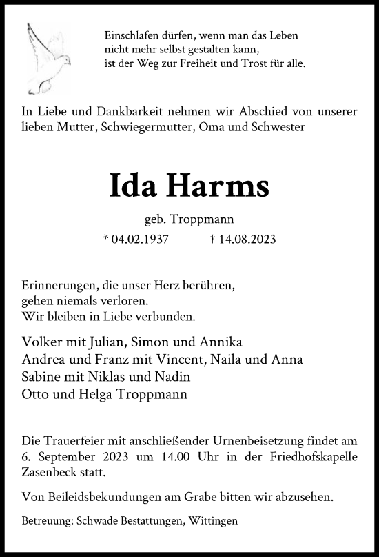 Traueranzeige von Ida Harms von UEL