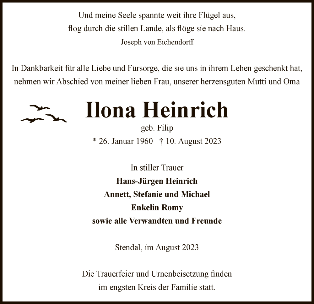 Traueranzeige für Ilona Heinrich vom 19.08.2023 aus UEL
