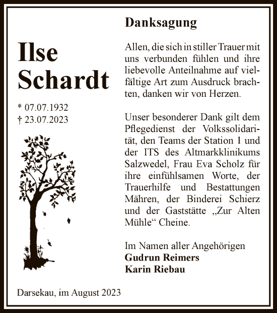 Traueranzeige von Ilse Schardt von UEL