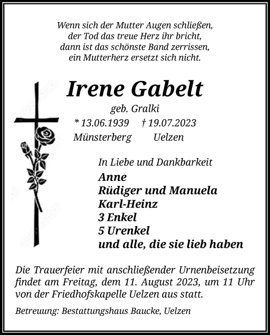 Traueranzeige von Irene Gabelt von UEL