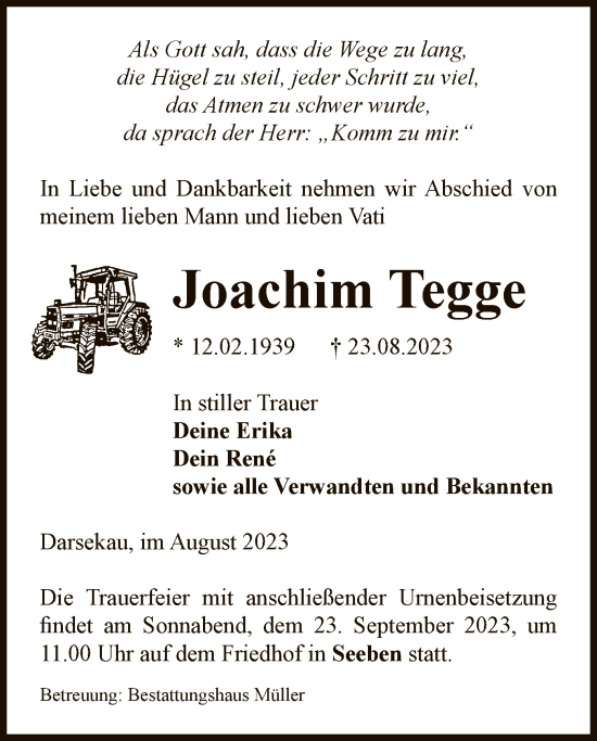 Traueranzeige von Joachim Tegge von UEL