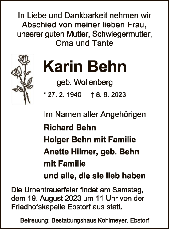 Traueranzeige von Karin Behn von UEL