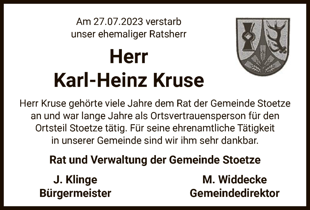  Traueranzeige für Karl-Heinz Kruse vom 01.08.2023 aus UEL