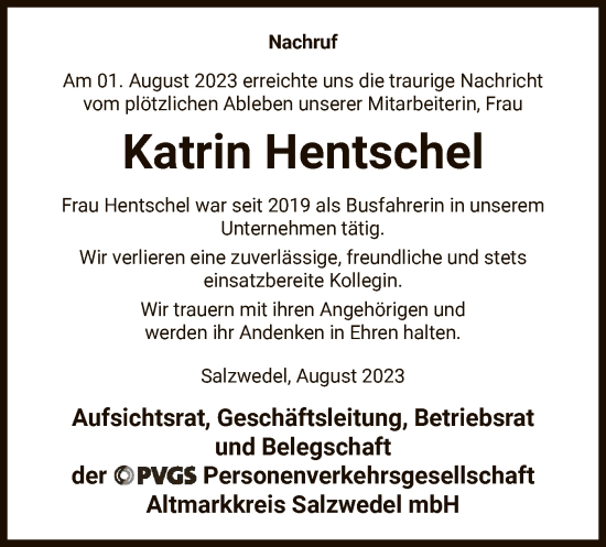 Traueranzeige von Katrin Hentschel von UEL