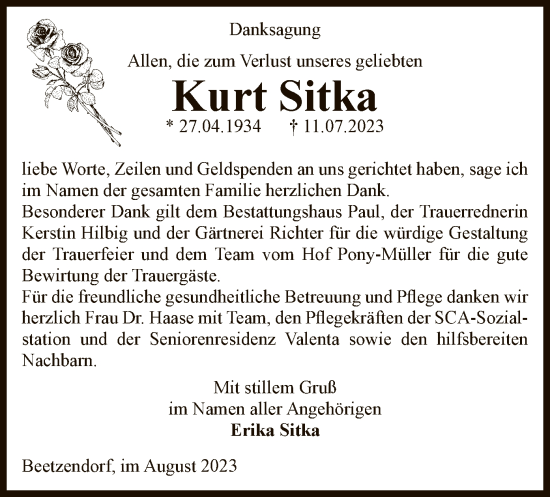 Traueranzeige von Kurt Sitka von UEL