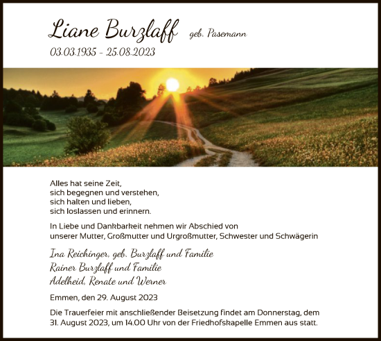 Traueranzeige von Liane Burzlaff von UEL