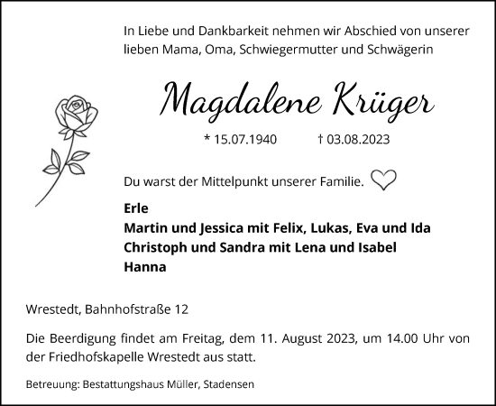 Traueranzeige von Magdalene Krüger von UEL