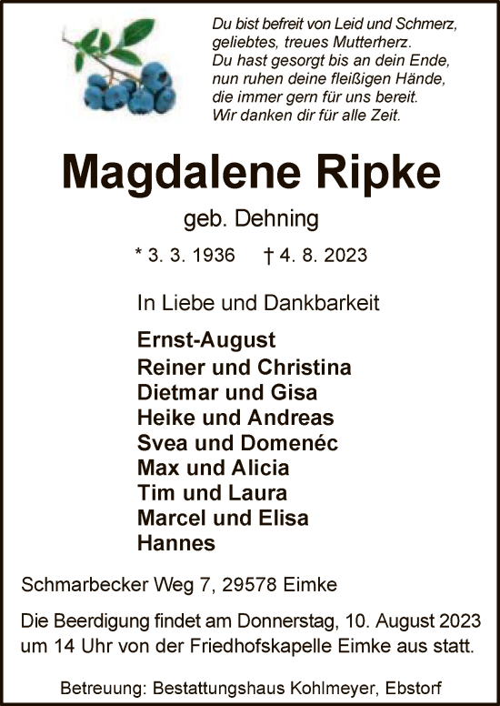 Traueranzeige von Magdalene Ripke von UEL