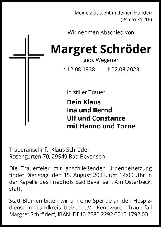 Traueranzeige von Margret Schröder von UEL