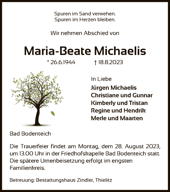 Traueranzeige von Maria-Beate Michaelis von UEL