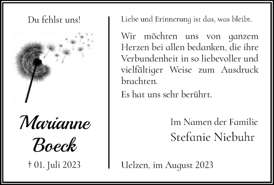 Traueranzeige von Marianne Boeck von UEL