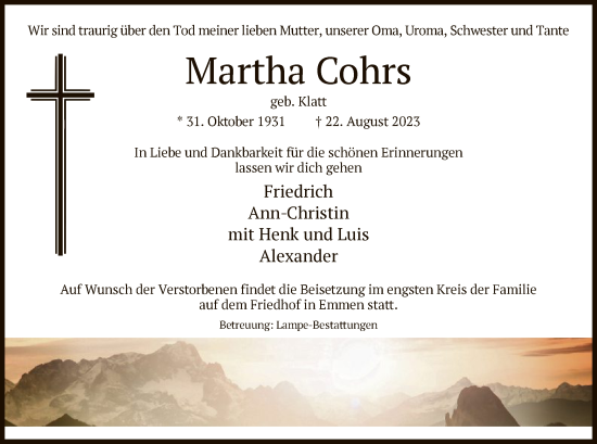 Traueranzeige von Martha Cohrs von UEL