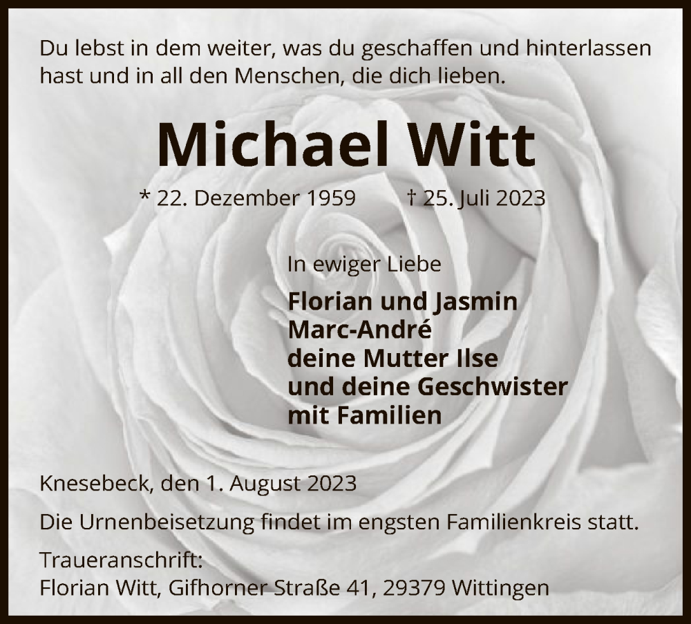  Traueranzeige für Michael Witt vom 01.08.2023 aus UEL