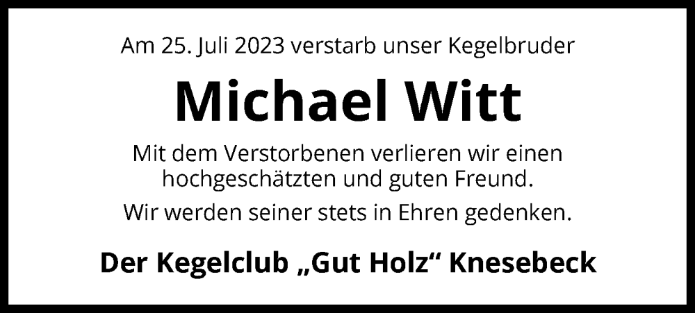  Traueranzeige für Michael Witt vom 05.08.2023 aus UEL