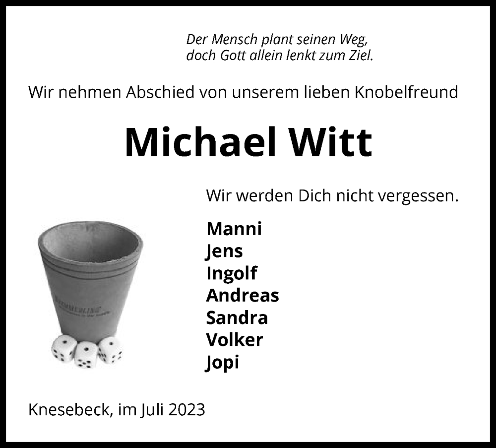  Traueranzeige für Michael Witt vom 05.08.2023 aus UEL