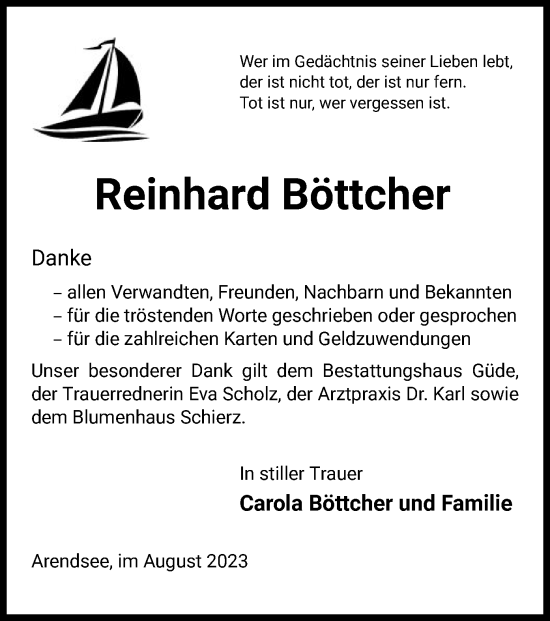 Traueranzeige von Reinhard Böttcher von UEL