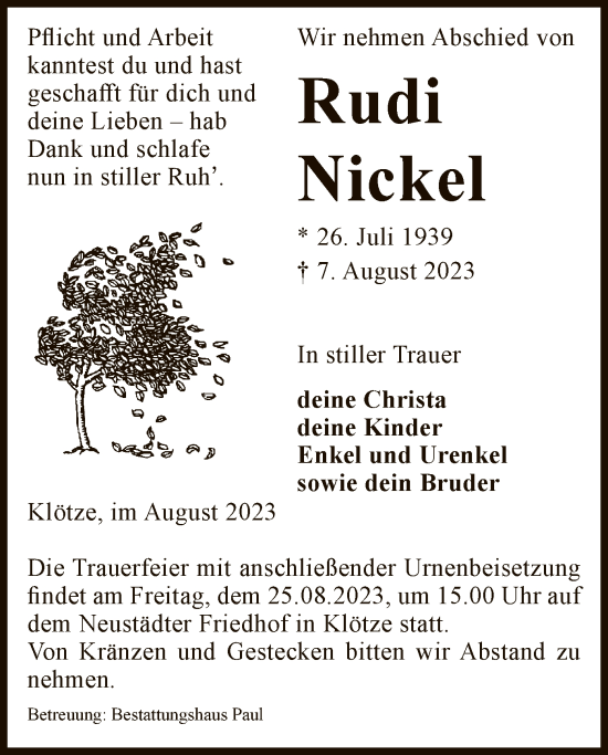 Traueranzeige von Rudi Nickel von UEL