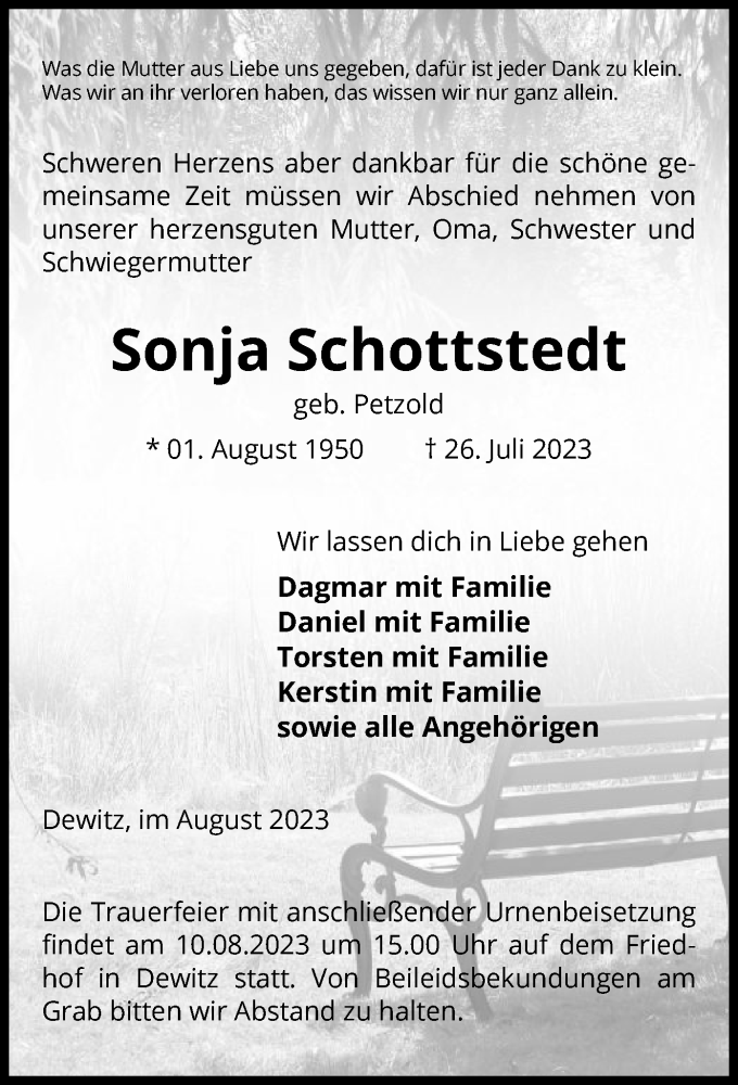  Traueranzeige für Sonja Schottstedt vom 05.08.2023 aus UEL