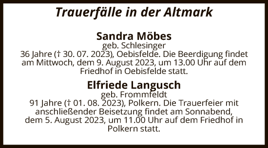 Traueranzeige von Trauerfälle in der Altmark  von UEL