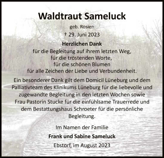 Traueranzeige von Waldtraut Sameluck von UEL