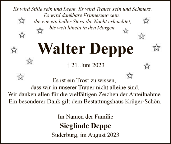 Traueranzeige von Walter Deppe von UEL