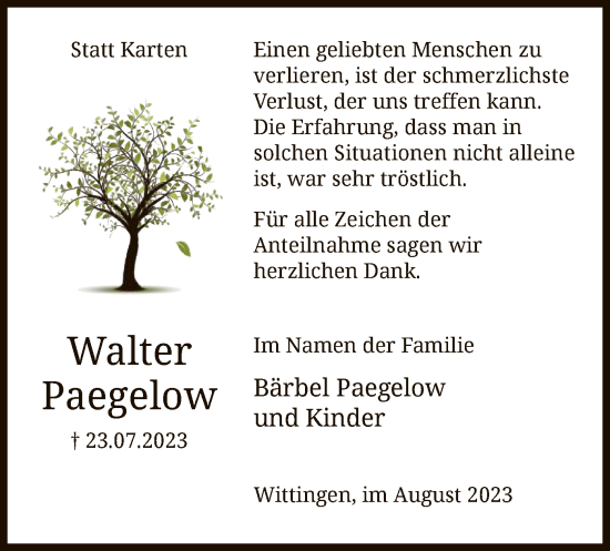 Traueranzeige von Walter Paegelow von UEL