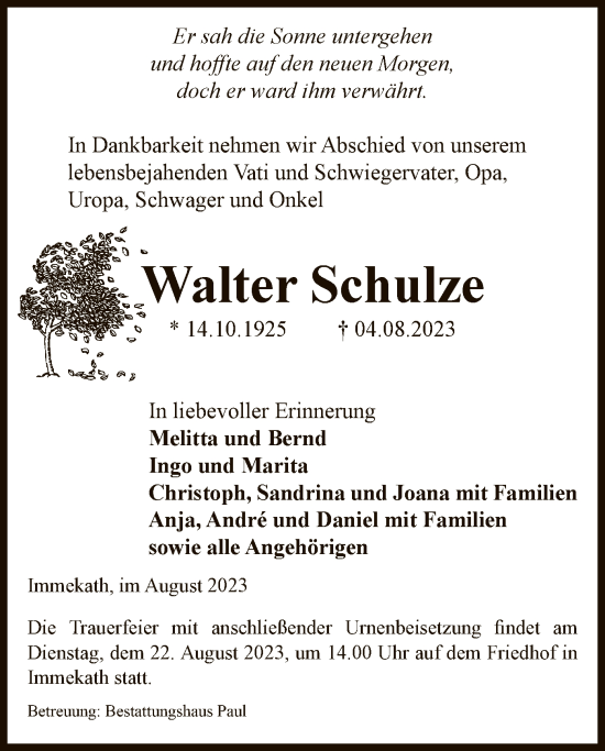 Traueranzeige von Walter Schulze von UEL