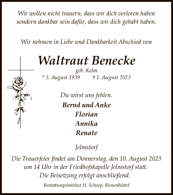 Traueranzeige von Waltraut Benecke von UEL