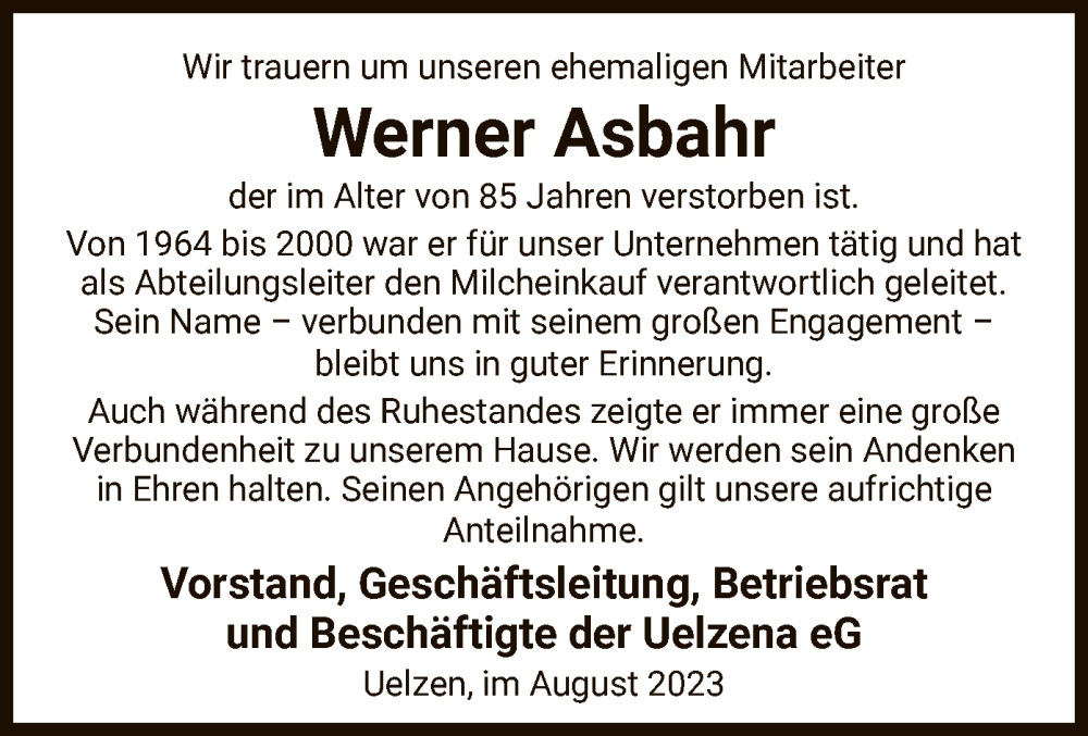  Traueranzeige für Werner Asbahr vom 12.08.2023 aus UEL