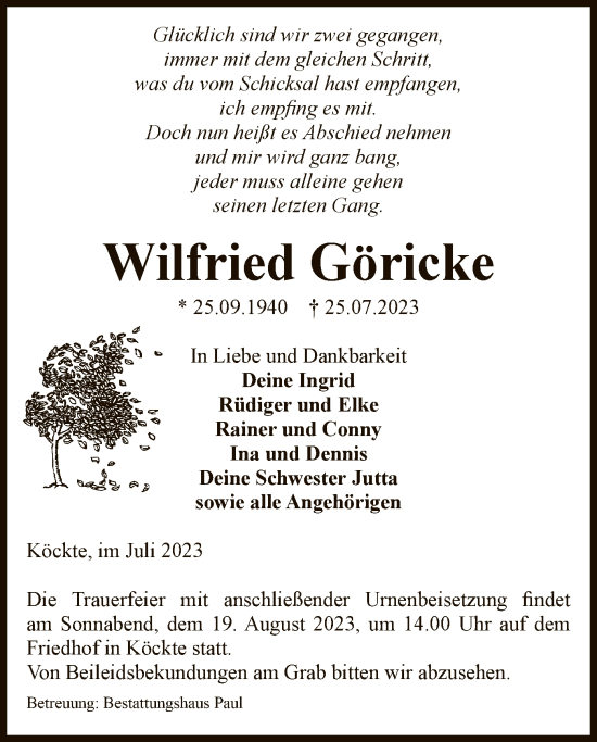 Traueranzeige von Wilfried Göricke von UEL