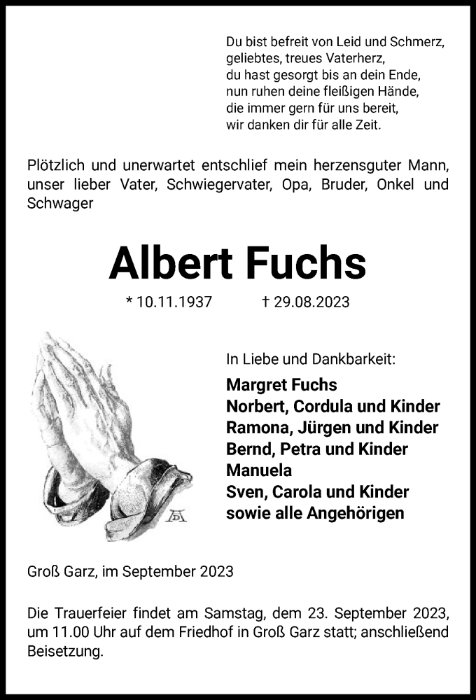  Traueranzeige für Albert Fuchs vom 16.09.2023 aus UEL