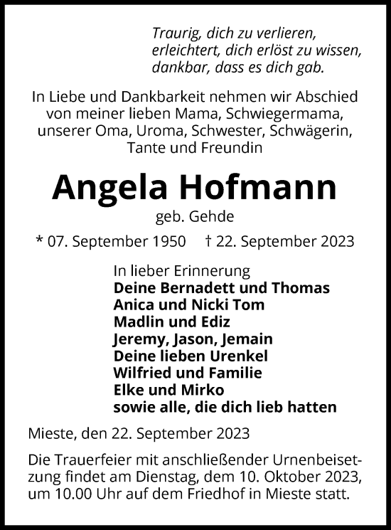 Traueranzeige von Angela Hofmann von UEL