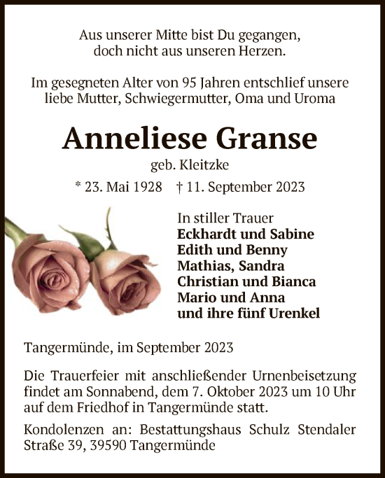 Traueranzeige von Anneliese Granse von UEL