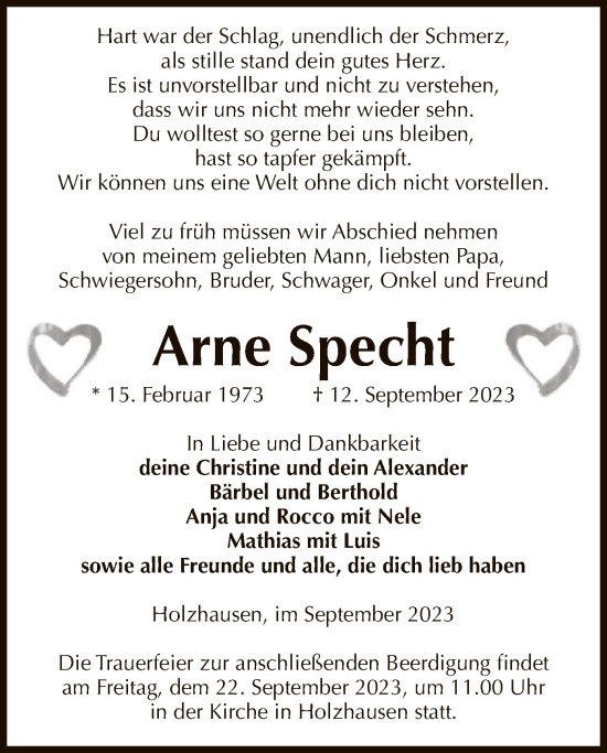 Traueranzeige von Arne Specht von UEL