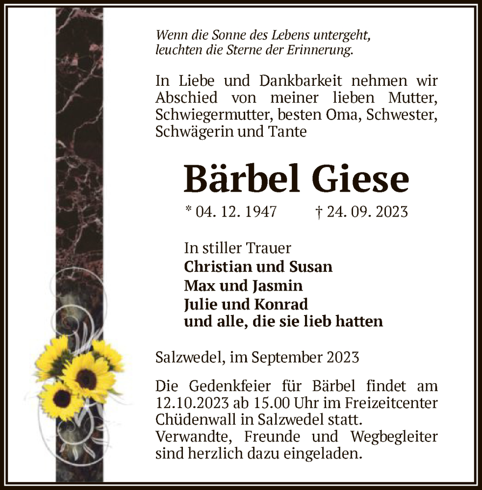  Traueranzeige für Bärbel Giese vom 28.09.2023 aus UEL