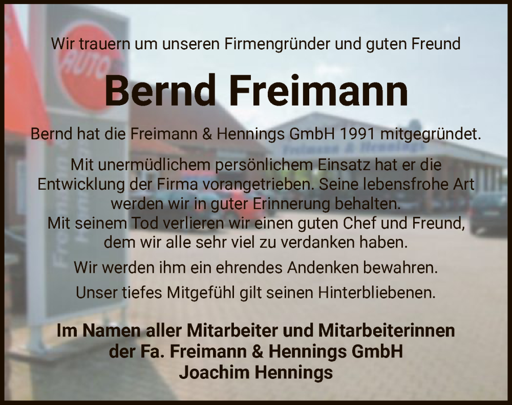  Traueranzeige für Bernd Freimann vom 23.09.2023 aus UEL